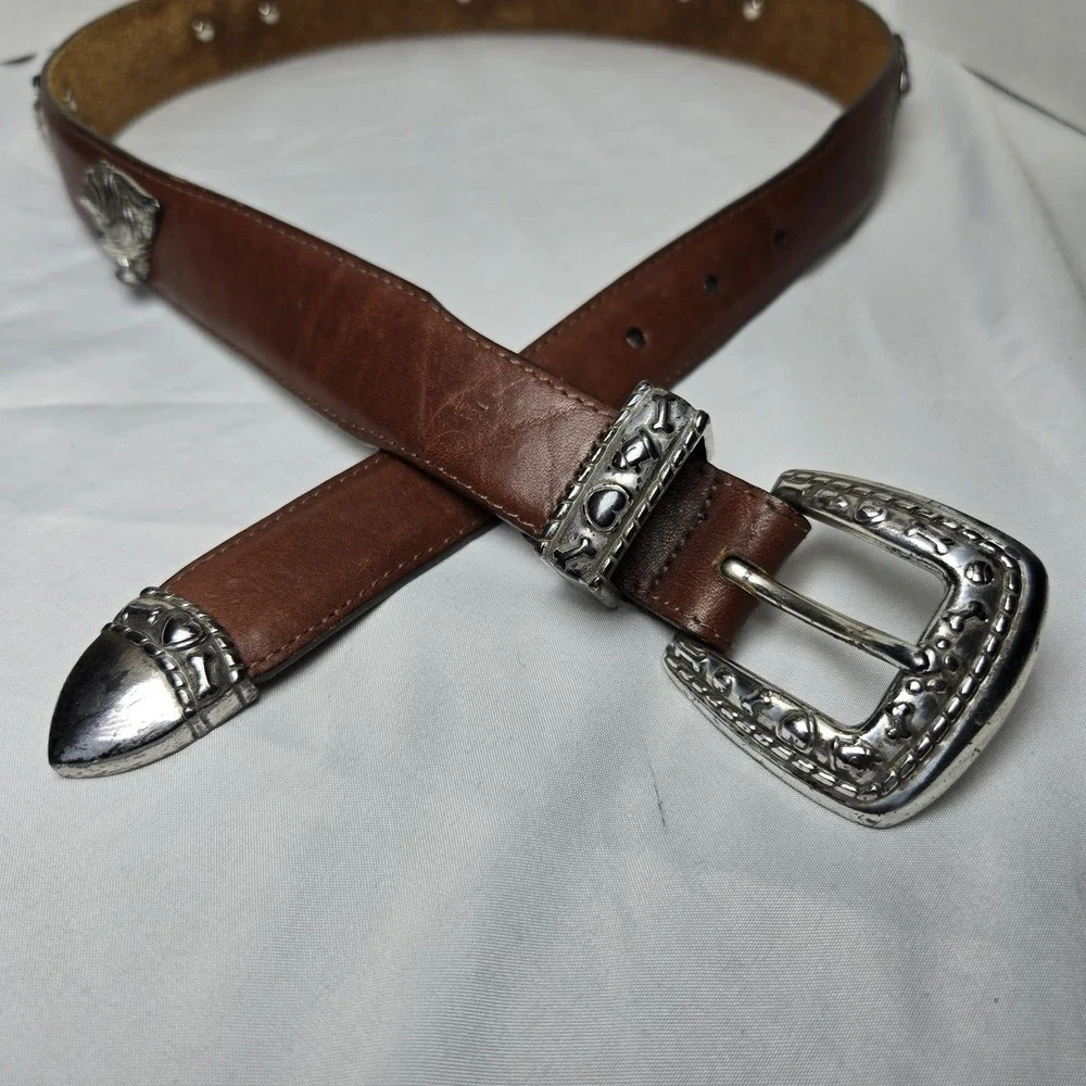 Vintage Brighton Handcrafted Brown Leather Concho Belt DOGS USA Medium 48707